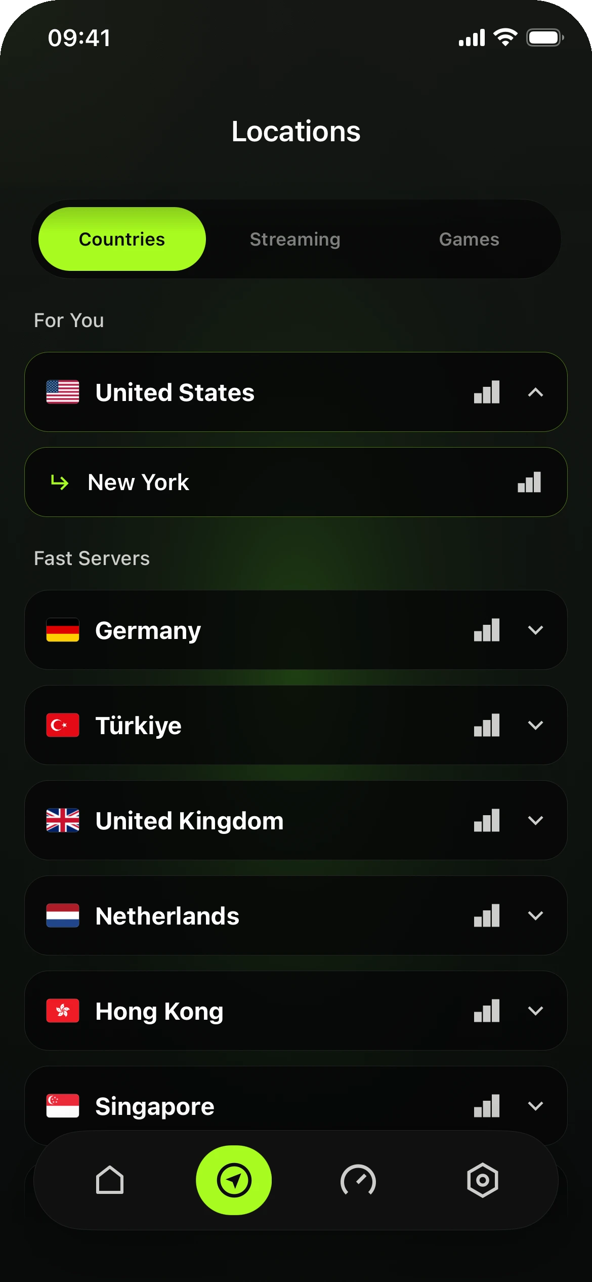 xVPN server locations screen