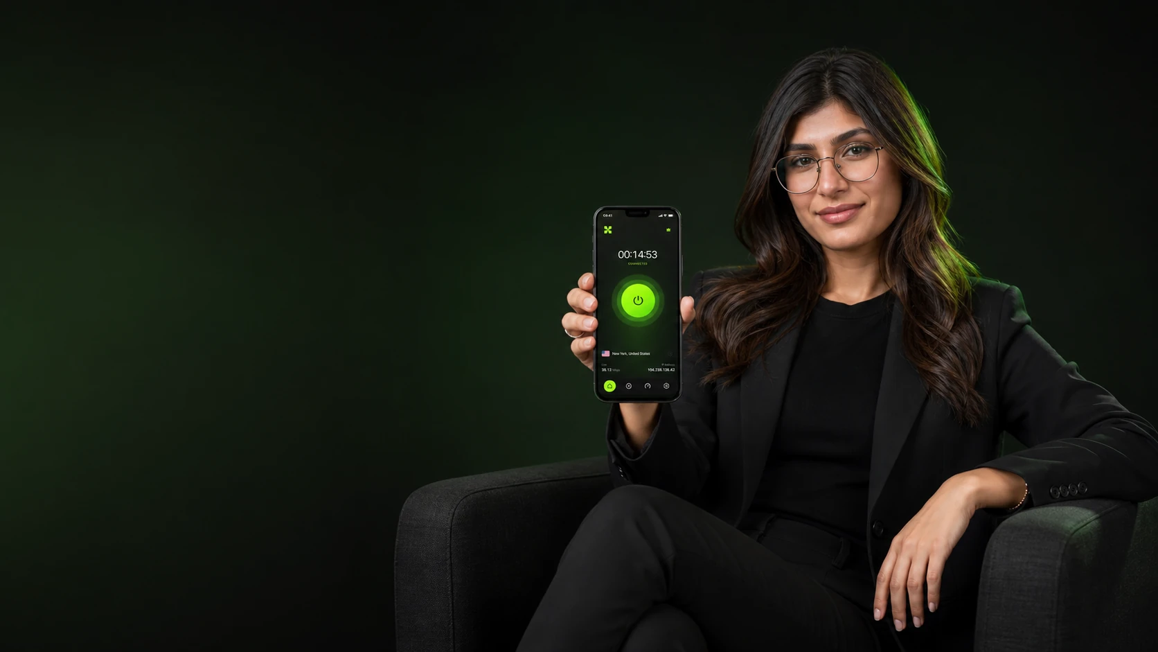 A woman with glasses using xVPN on her iPhone while seated in a lounge chair