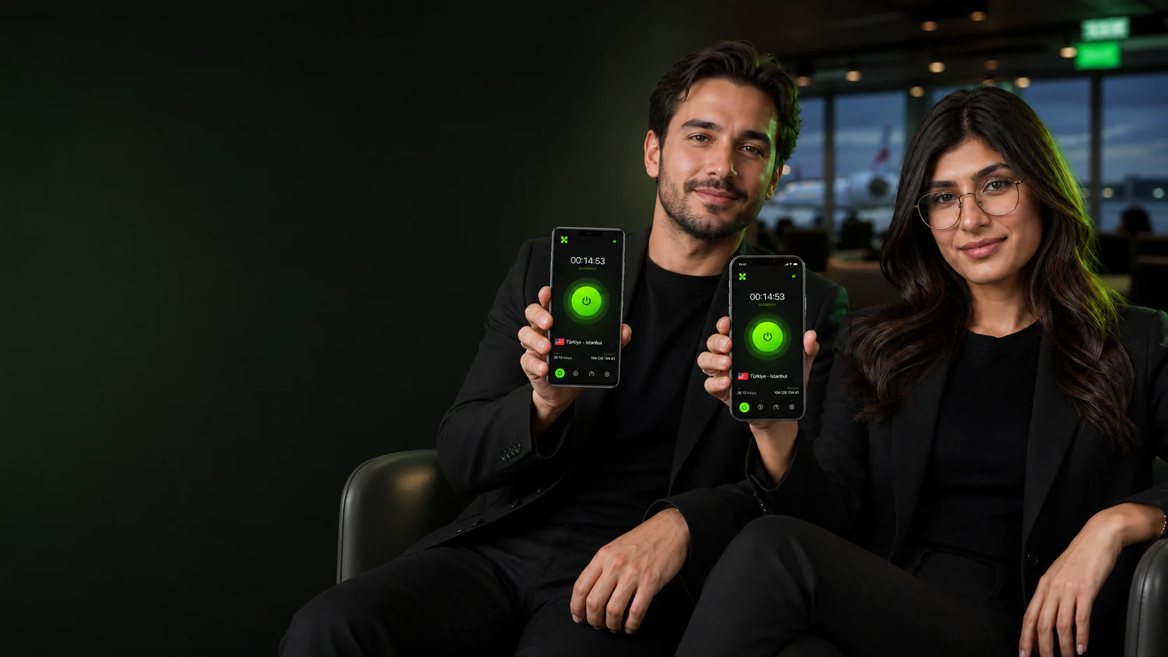 Two people using xVPN locations on iPhone and Android phones